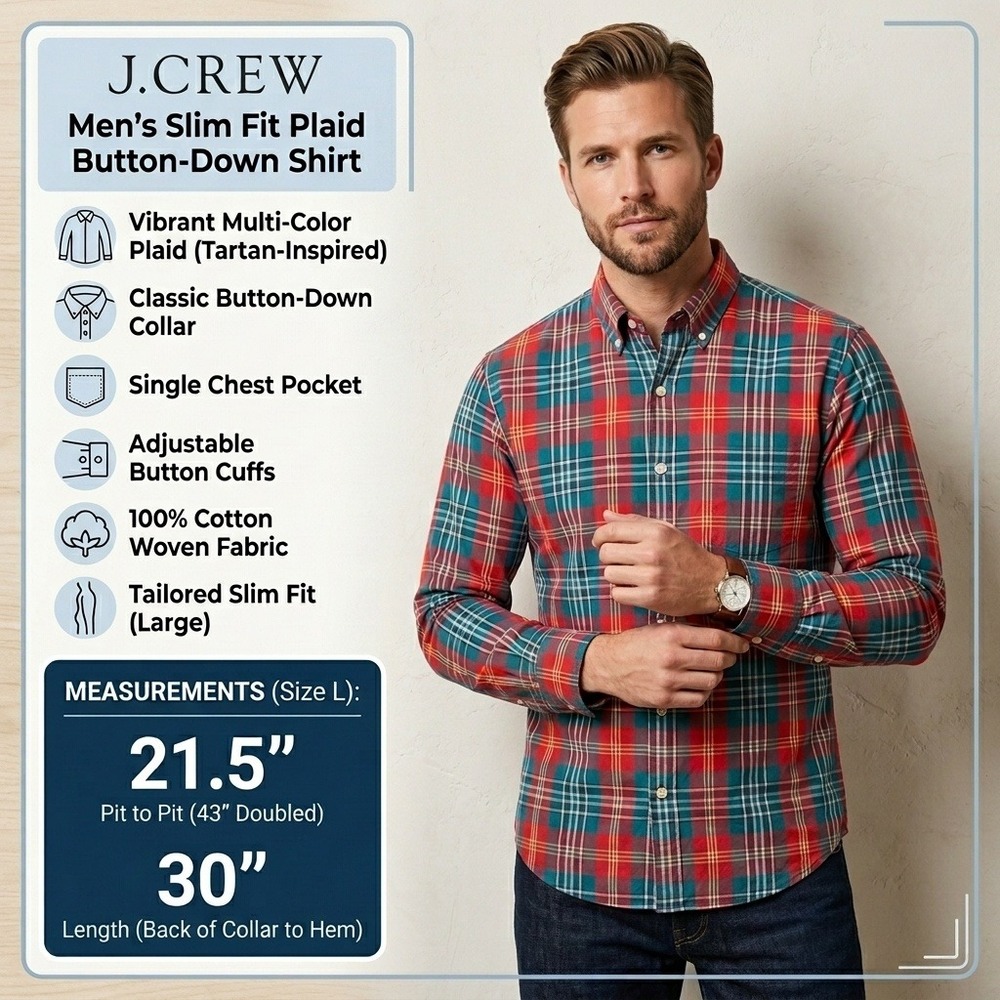 J.Crew Mens Large Slim Fit Plaid Button Down Shirt Red Blue Cotton Long Sleeve